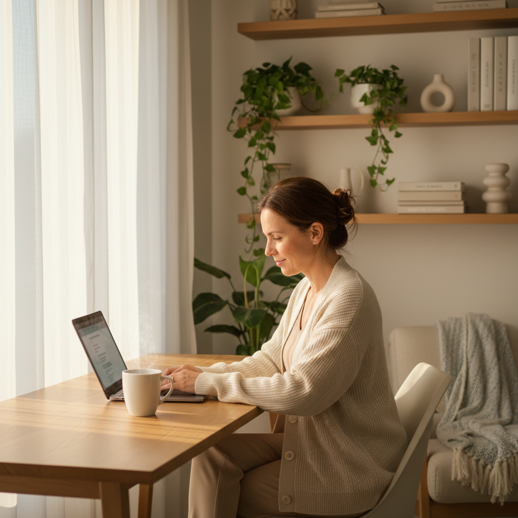 Professional working from home with FitCafe coffee